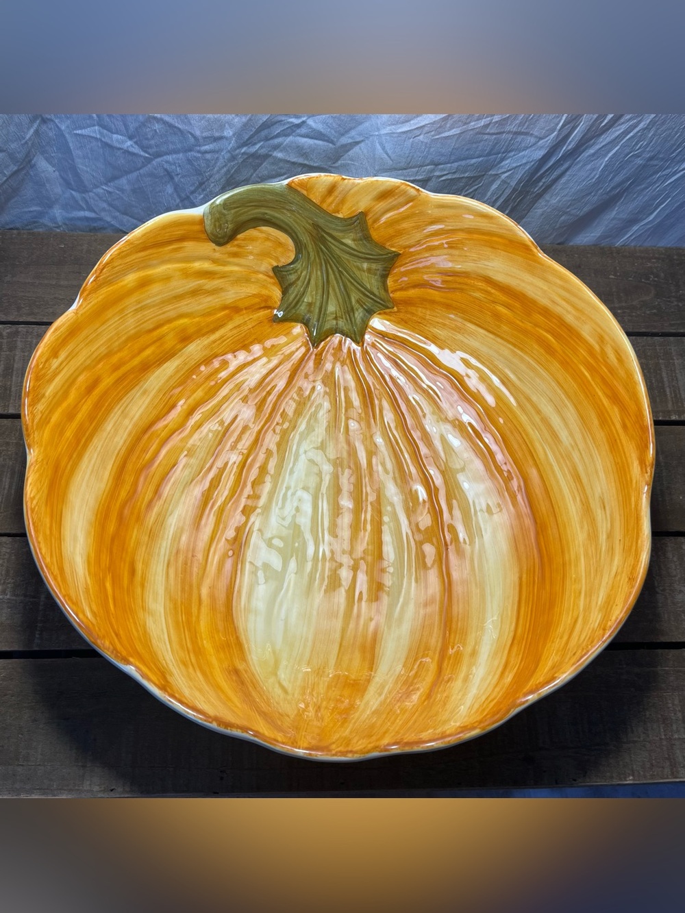Vtg Ceramiche Leonardo Italy Pumpkin Serving Bowl 13.5" Hand Painted Ceramic